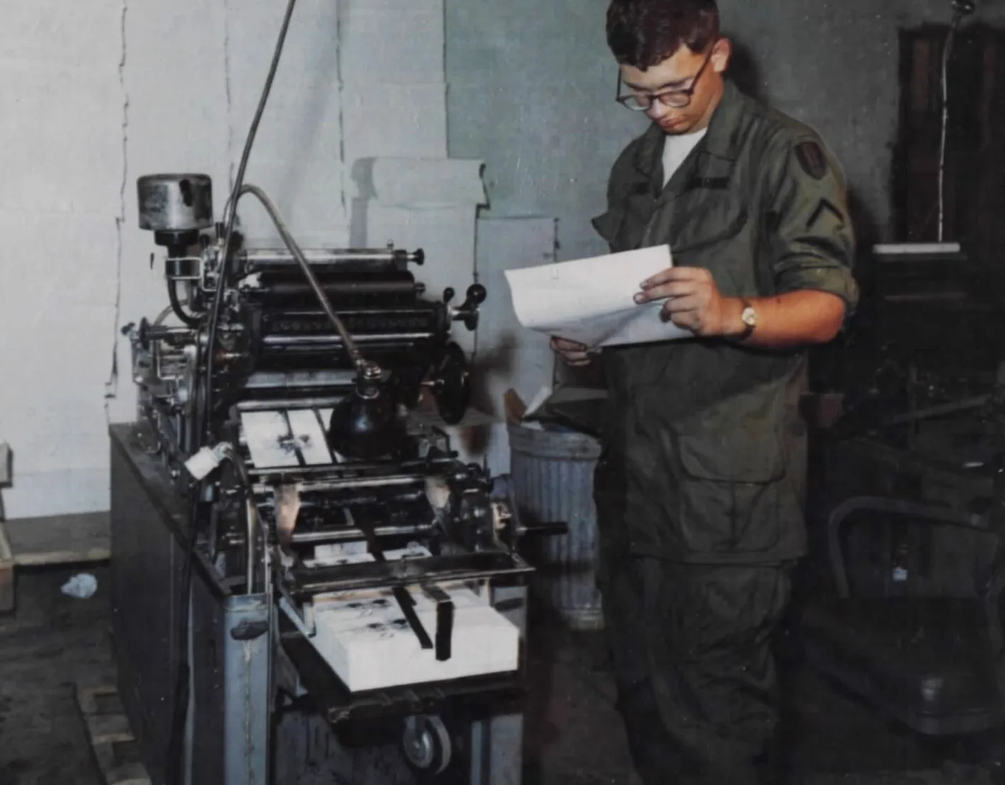 PFC Gerald W. Welle (St. Cloud, Minnesota), pressman, 246th PSYOPS Co, 6th Bn, prints thousands of propaganda leaflets and checks a finished one to insure the 1250LW Offset Press is printing properly in the printing shop at Bien Hoa, 25 km northwest of Saigon. NARA 111-CCV-443-43741. Scoring print shop services from your job tickets: six factors