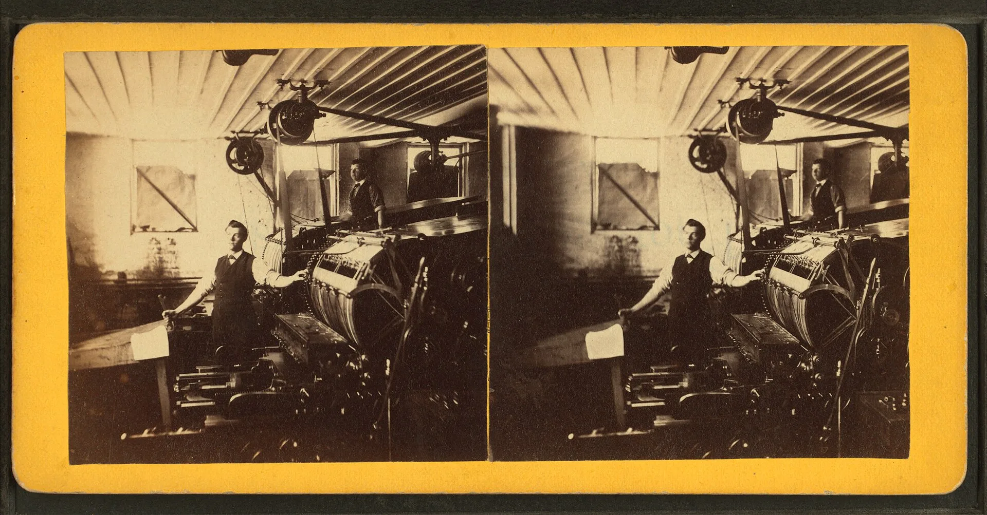 Men and printing press, Brattleboro, Vt. The cost of print shop equipment, new and second-hand