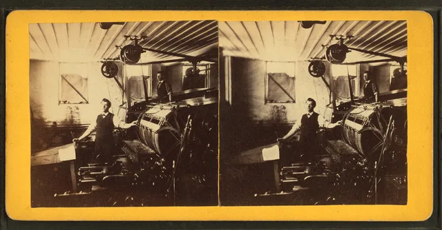 Men and printing press, Brattleboro, Vt. The cost of print shop equipment, new and second-hand